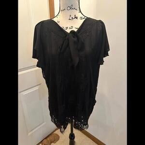 Shannon Ford 3X Lacey black blouse/ butterfly sleeves and tie